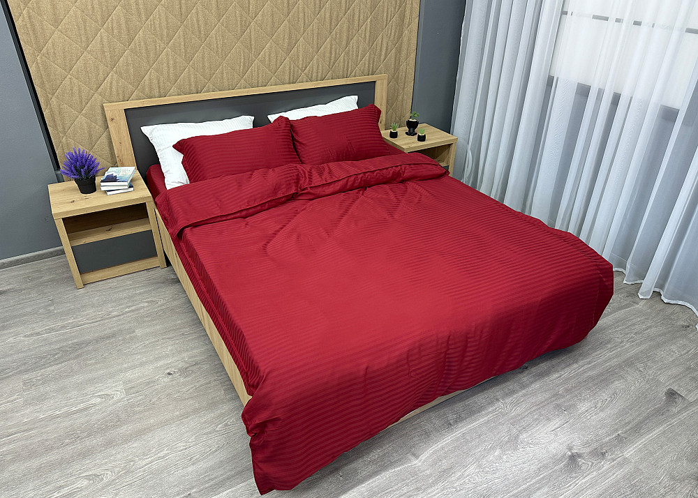 Комплект постільної білизни Страйп-сатин Двоспальний 180х220 з простирадлом на резинці Червоний (88-167) Київ - фото 3