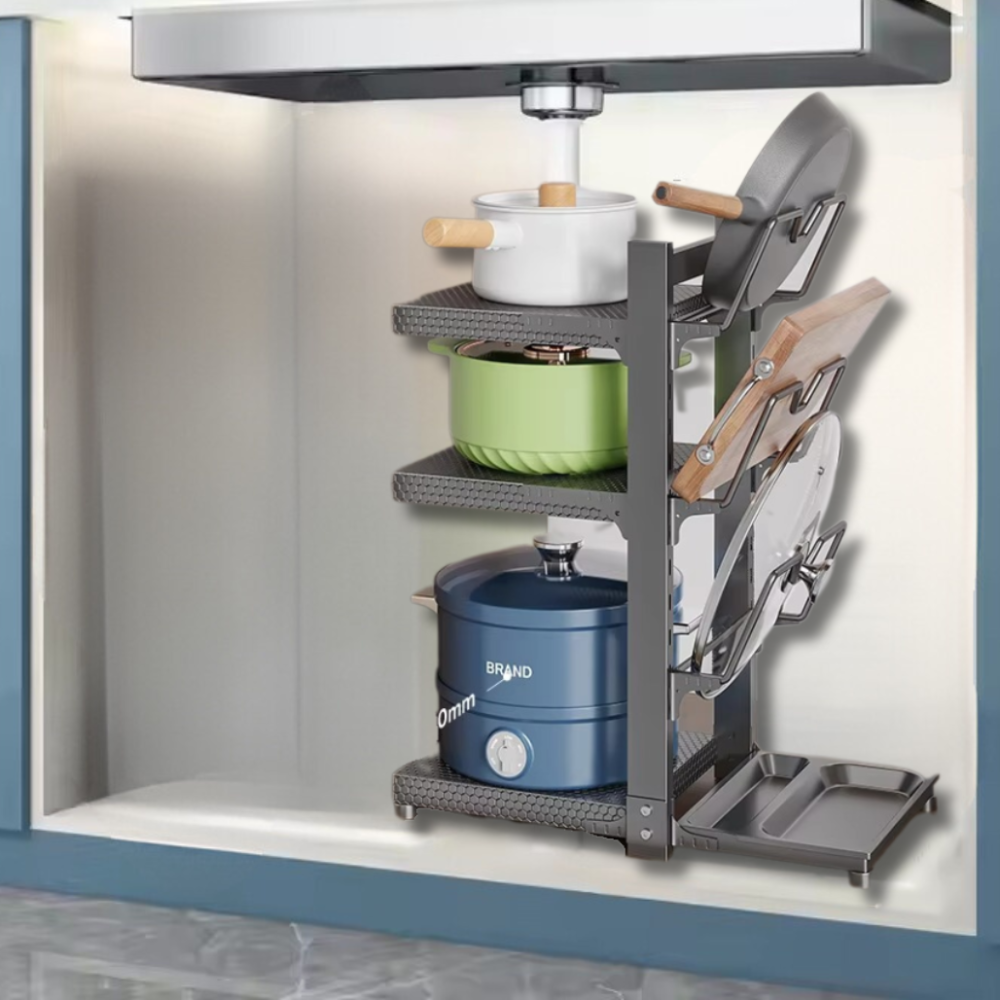 Полиця-підставка для каструль на 3 полиці двостороння з 3 тримачами для кришок з вуглецевої сталі, сіра Кам'янець-Подільський - фото 5