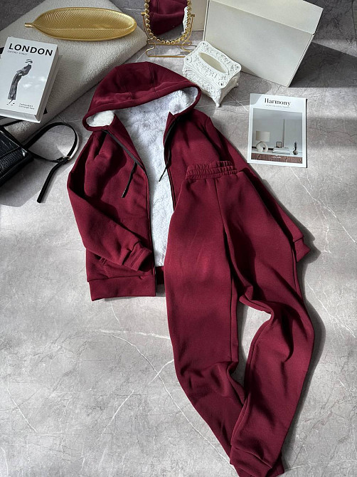 Женский теплый повседневный костюм двойка: худые+штаны, трехнить на флисе + мех Бордо, 42/44 Одесса - изображение 6