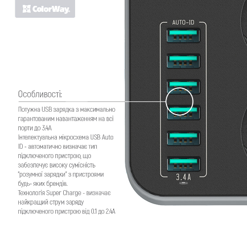 Фільтр мережевий 3 розетки/6USB 1,8 м чорний CW-CHE36B ColorWay Житомир - изображение 7