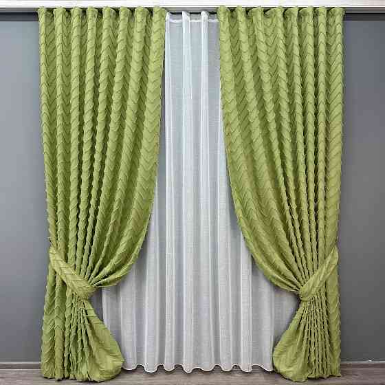 Комплект штор VR-Textil Льон Букле 200х270 2шт і Тюль 600х270 1805ш-115т Оливковий з білим 71-044/7 Київ