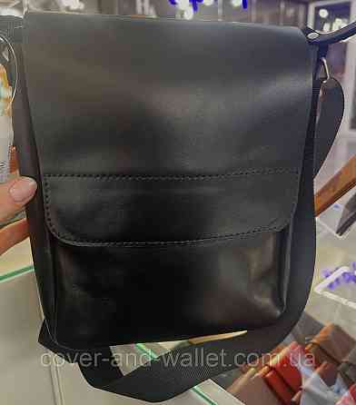 Мужская сумка мессенджер из натуральной гладкой кожи черного цвета PS Leather Киев