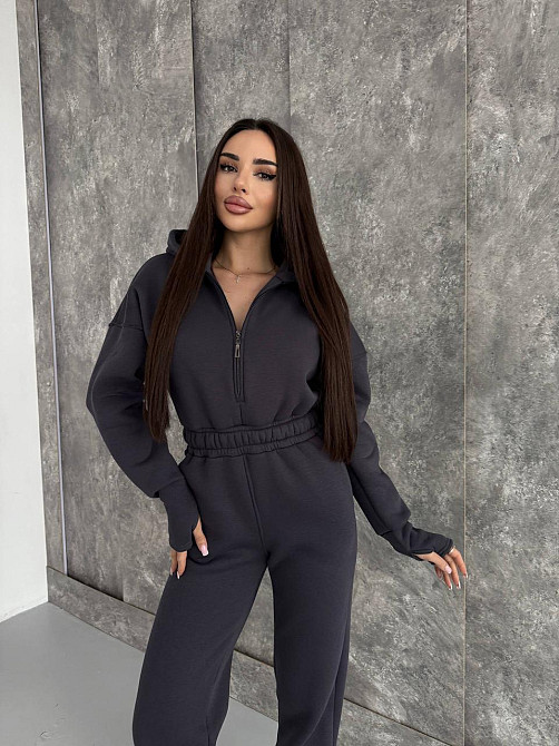 Женский теплый повседневный комбинезон с капюшоном трехнить на флисе Графит, 42/46 Одесса - изображение 10