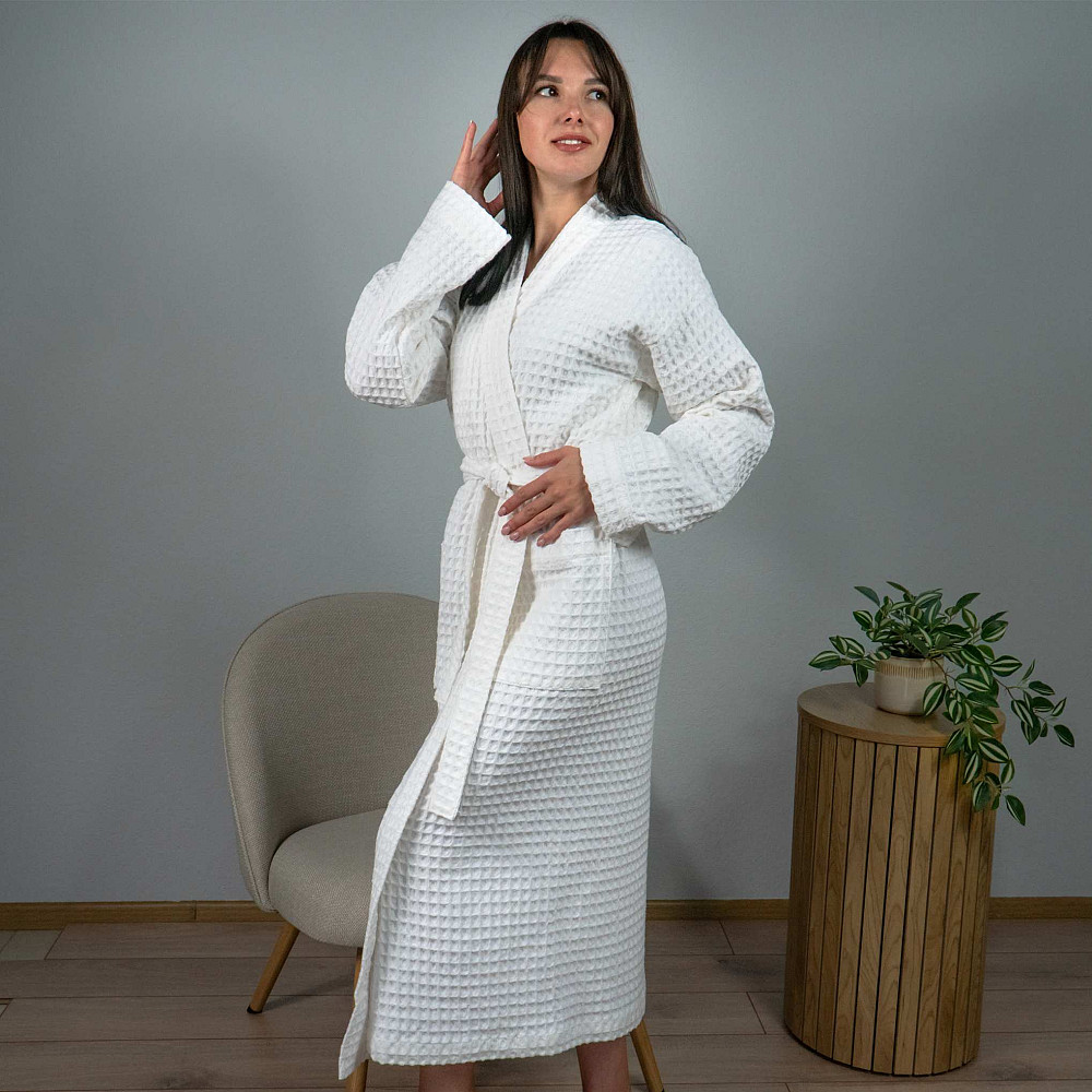Вафельный халат женский воротник стойка с длинным рукавом YouStar 100% хлопок 380 г/м2 (Белый) XXL-XXXL Сумы - изображение 1