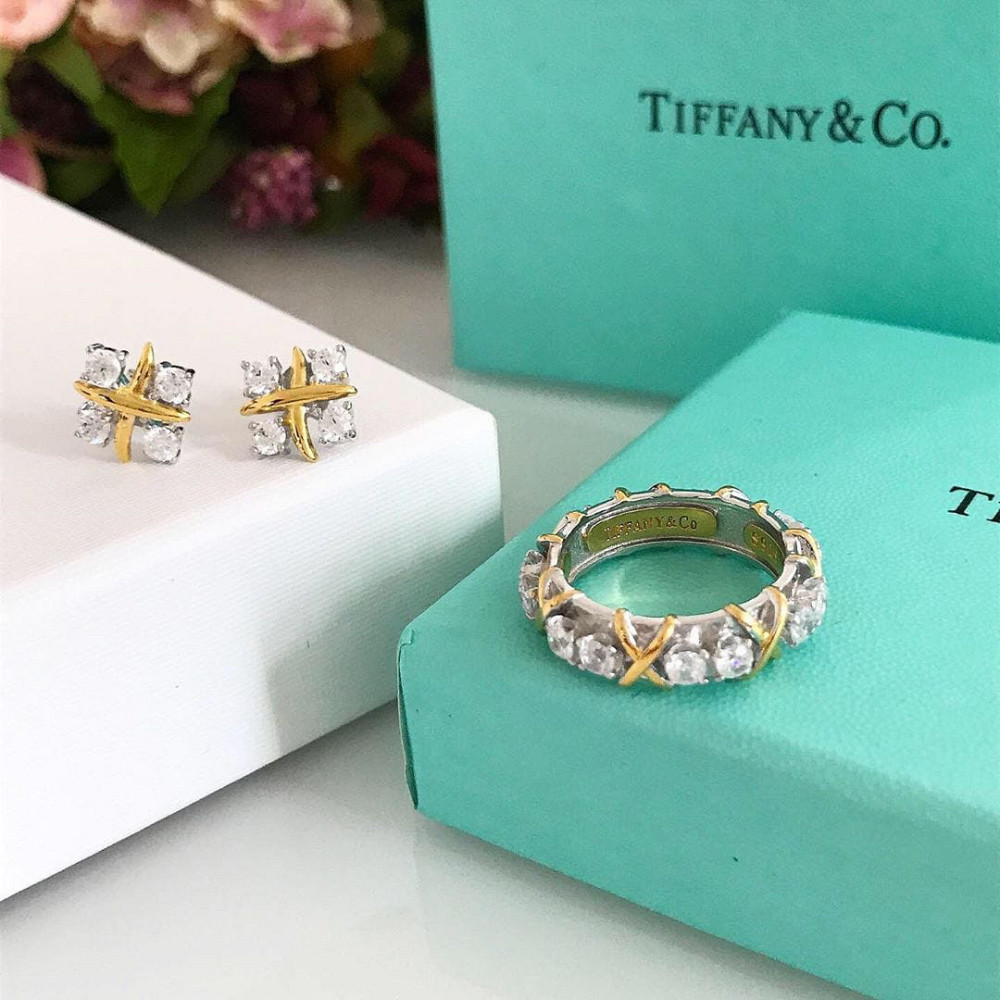 Tiffany Тіффані набір — кільце та сережки з хрестиками срібло 925, позолота/подарункове паковання Одеса - фото 4