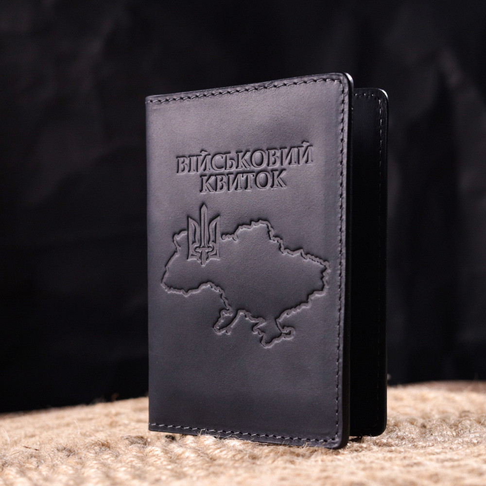 Стильна обкладинка на військовий квиток у вінтажній шкірі Карта GRANDE PELLE 16780 Чорна Київ - фото 7
