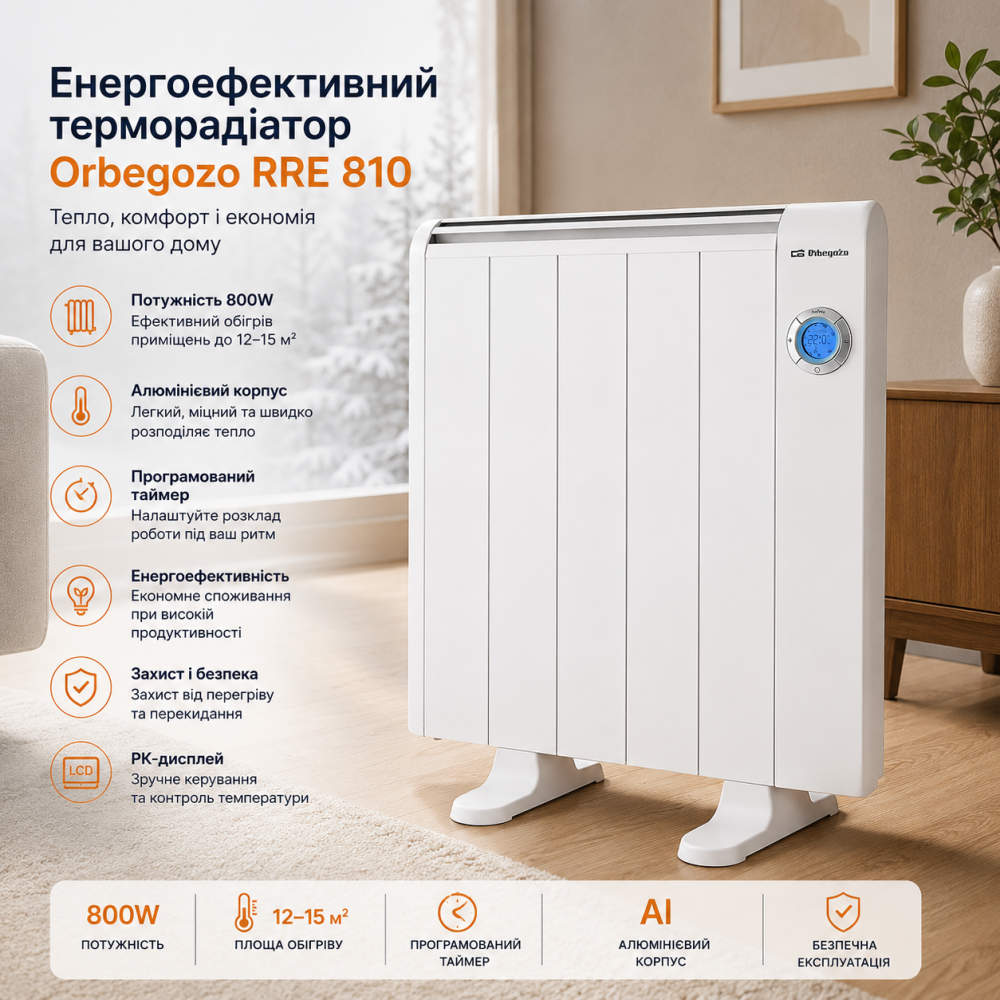 Уцінка Енергоефективний алюмінієвий терморадіатор Orbegozo RRE 810 800W, тепловий програмований обігрівач з РК-дисплеєм Київ - фото 7