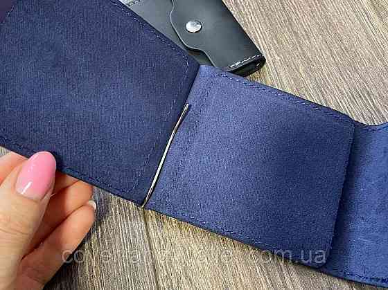 Шкіряний затискач для купюр та карток на кнопці синього кольору LQ Leather Київ