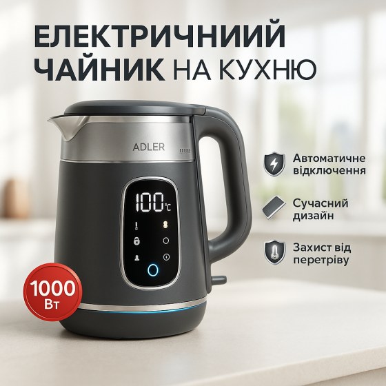 Чайник Adler AD 1305 з регулюванням температури 1.7Л 2200Вт Gray JH-56 Львов