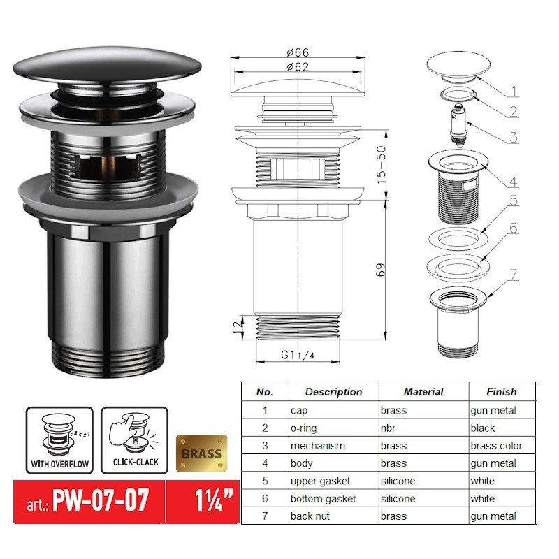 Донний клапан для раковини Koer PW-07-07 1 1/4" з переливом автоматичний CLICK-CLACK (Колір графіт) (KR6483) ( 12090 ) Харків - фото 7