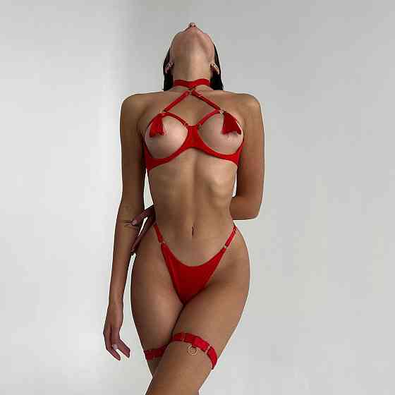 Еротичний комплект з відкритим доступом пестісами гартерами і чокером S/M/L Червоний Вінниця