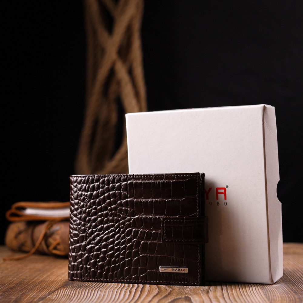 Классический мужской кошелек из натуральной кожи с тиснением под крокодила KARYA 21199 Коричневый Киев - изображение 9