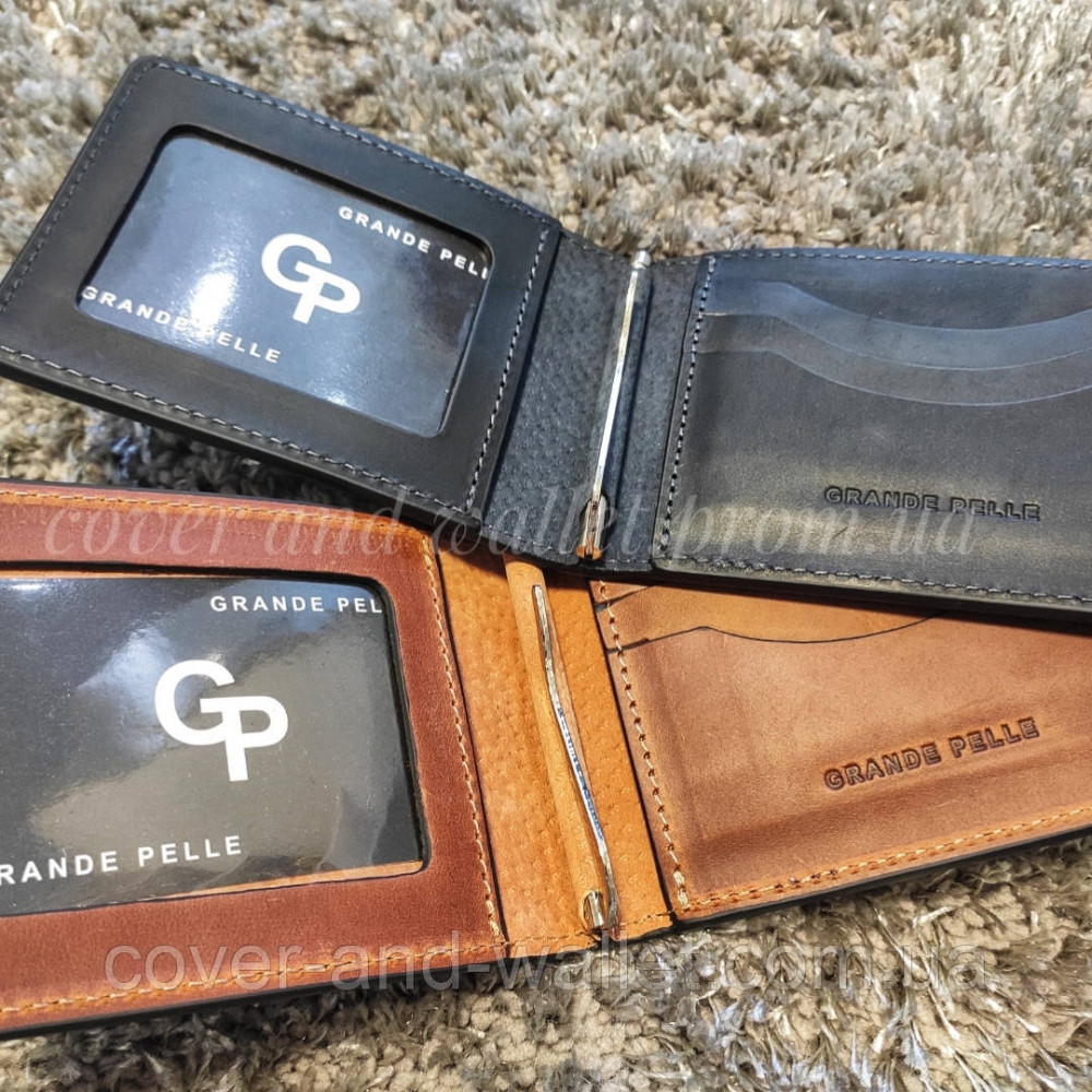 Затискач для грошей із прозорим відділенням із вінтажної шкіри коричневого кольору Grande Pelle Київ - фото 4