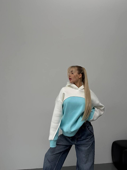 Женская базовая теплая худи на флис турецкая трехнить Бирюза Одесса - изображение 2