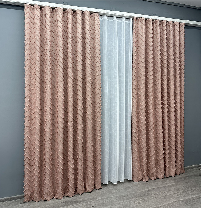 Комплект штор VR-Textil Лен Букле 150х270 2шт и Тюль 500х270 1811ш-115т Пудровый с белым 71-046/4 Киев - изображение 3