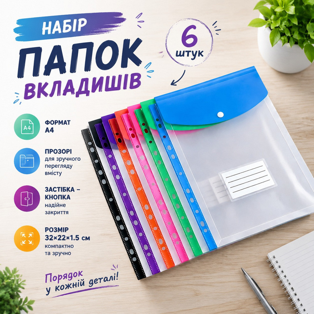Набор цветных папок-файлов с кнопкой для документов 6 шт формат А4 папка-конверт,для фолдера папки-органайзеры прозрачные,цветные Каменец-Подольский - изображение 1