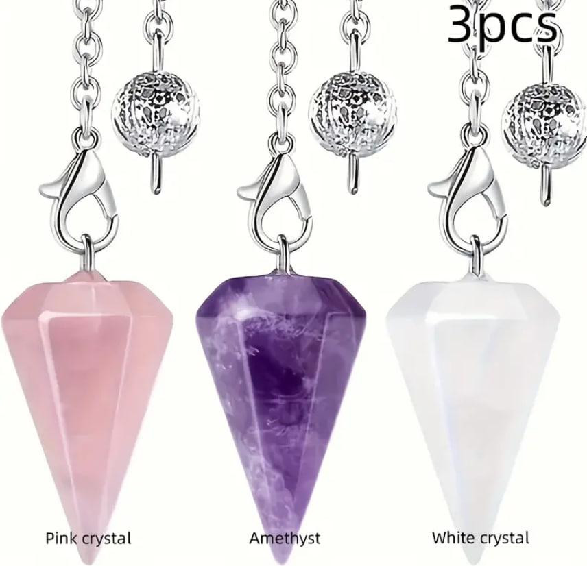 Набор биолокационных маятников (натуральный аметист, розовый кварц, чистый кварц) - 2.5 см на цепочк Киев - изображение 1