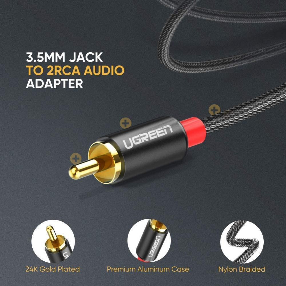 Аудіо кабель 2 RCA Jack 3.5 AUX Hi-Fi Ugreen AV116 (Чорний з сріблястим, 1м) Николаев - изображение 6