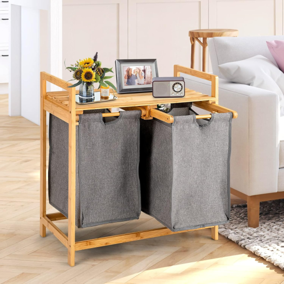 Бамбуковий стелаж для ванної кімнати 2в1 | Відкрита полиця + 2 місткі кошики для одягу, 64×33×73см Кам'янець-Подільський