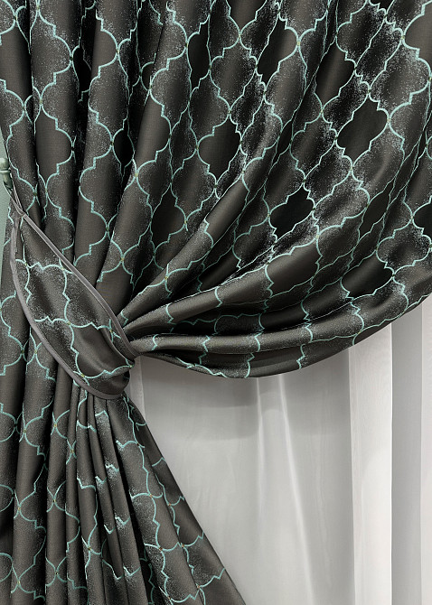 Комплект готовых штор VR-Textil Жаккард SAPFIR № 1754ш Графитовый с бирюзовым 100х300 см 2 шт (31-815) Киев - изображение 5
