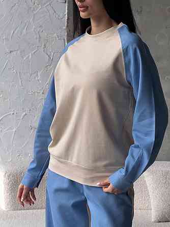 Жіночий ефектний комбінований костюм-двійка: кофта та штани джинс-котон + турецька двонитка Блакитний, 42/44 Одеса