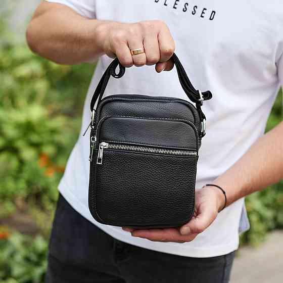 Мужская кожаная барсетка 21х17х7,компактный мессенджер для ежедневного использования, черный Киев