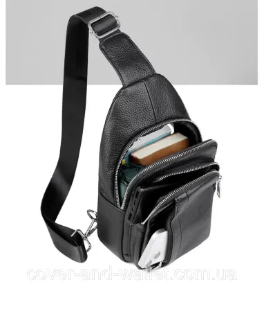Чоловічий якісний шкіряний слінг чорного кольору через плече Puos Київ