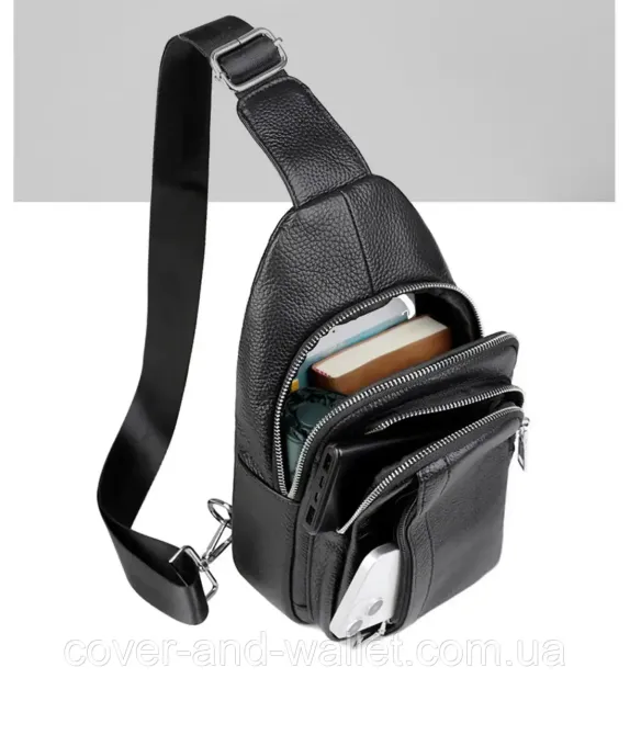 Мужской качественный кожаный слинг черного цвета через плечо Puos Киев - изображение 6