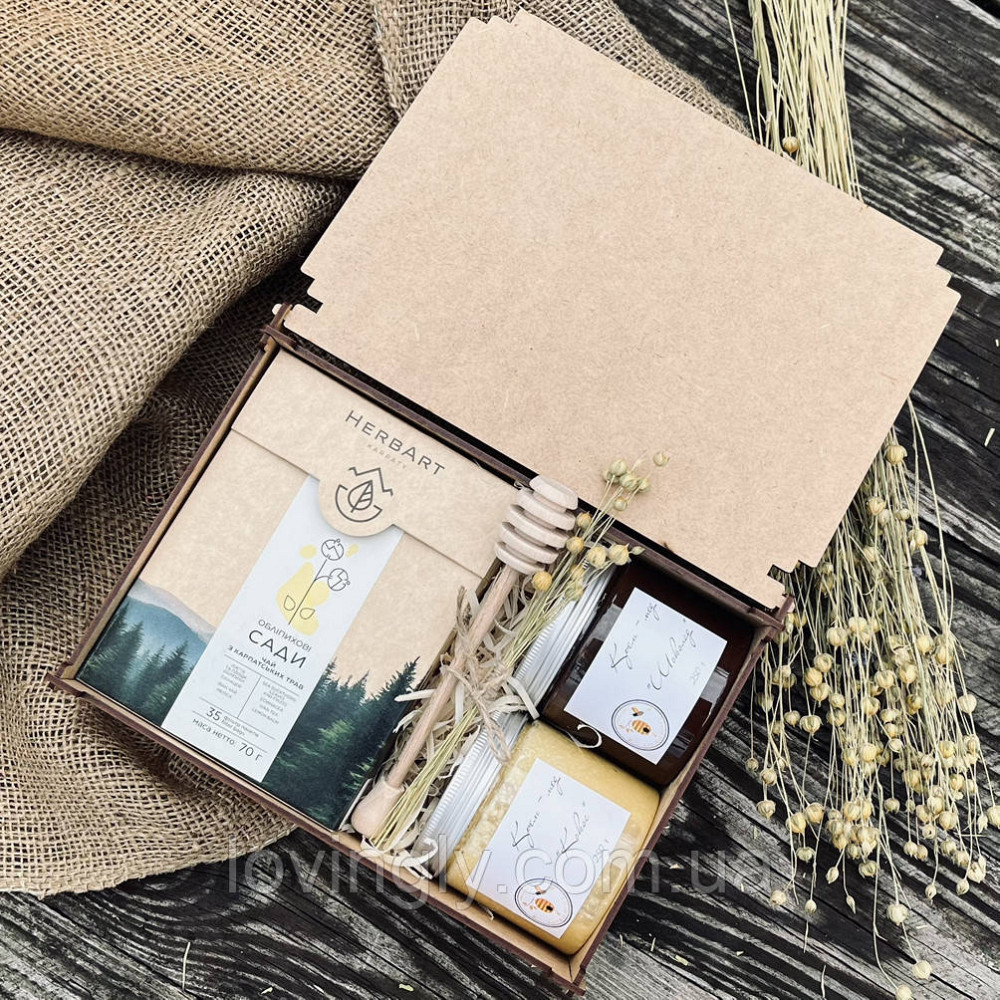 Подарочный набор для мужчины с чаем и крем-мед в деревянной коробке Ирпень - изображение 1