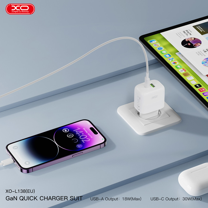 Мережевий зарядний пристрій XO L138 PD30W/QC18W 1USB-A+1USB-C  білий Львів - фото 6