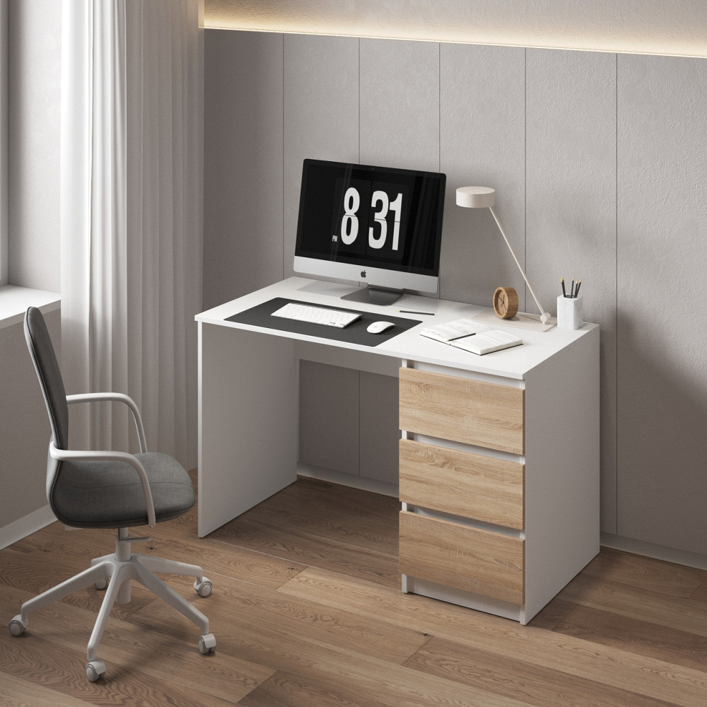 Компьютерный стол VAYS, письменный, современный, с тумбой cправа, 3 ящика з фасадами без ручек R-1 Белый-Дуб Сонома фасад Львов - изображение 1