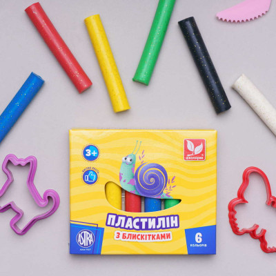 Пластилин Школярик Восковый Круглый с блестками 6 цветов 78 г (303109001-UA) Винница - изображение 3