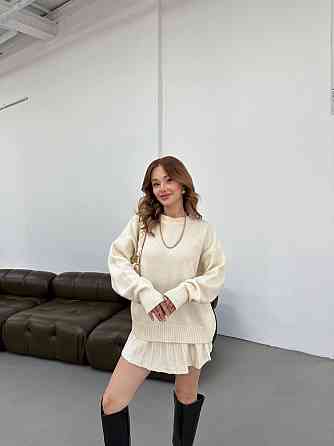 Женский вязаный костюм свитер оверсайз и стильная юбочка 70% Акрил 30% котон Молочный Одесса