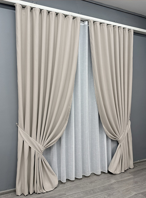 Комплект штор VR-Textil рогожка преміум TERRA LUXE 200х270 2шт і Тюль 600х270 1859ш-115т попелястий з білим 71-077/7 Київ - фото 2