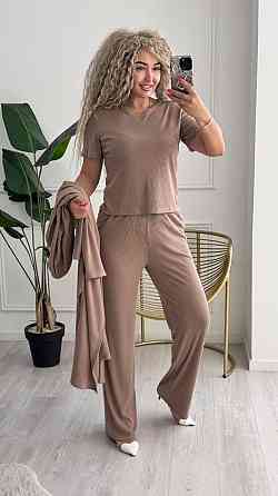Женский базовый прогулочный костюм тройка: кардиган футболка и штаны трикотажный рубчик Бежевый, 52/54 Одесса