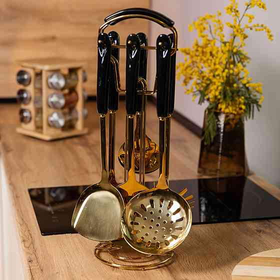 Набір кухонних аксесуарів на підставці чорний з золотом Київ
