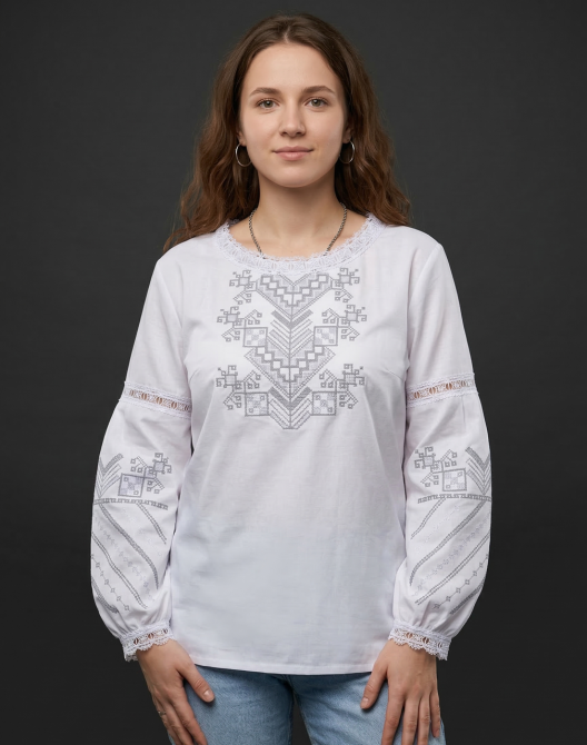 Женская белая натуральная вышиванка с серым орнаментом Дерево жизни 44 Киев - изображение 1