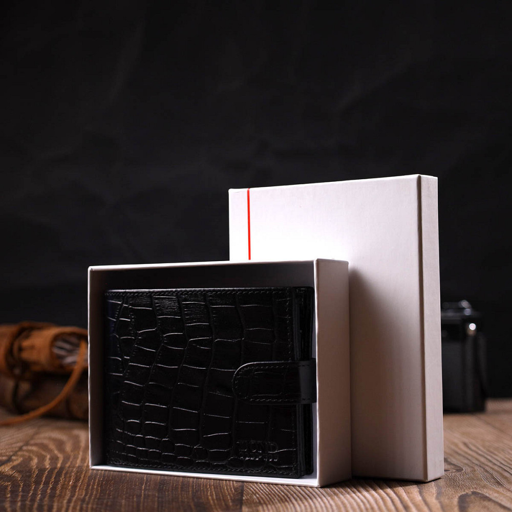 Вместительный бумажник среднего размера для мужчин из натуральной кожи с тиснением под крокодила BOND 22000 Черный Киев - изображение 1