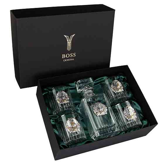 Набір для віскі «Мисливець» графин, 4 склянки кришталь, срібло, золото Рівне