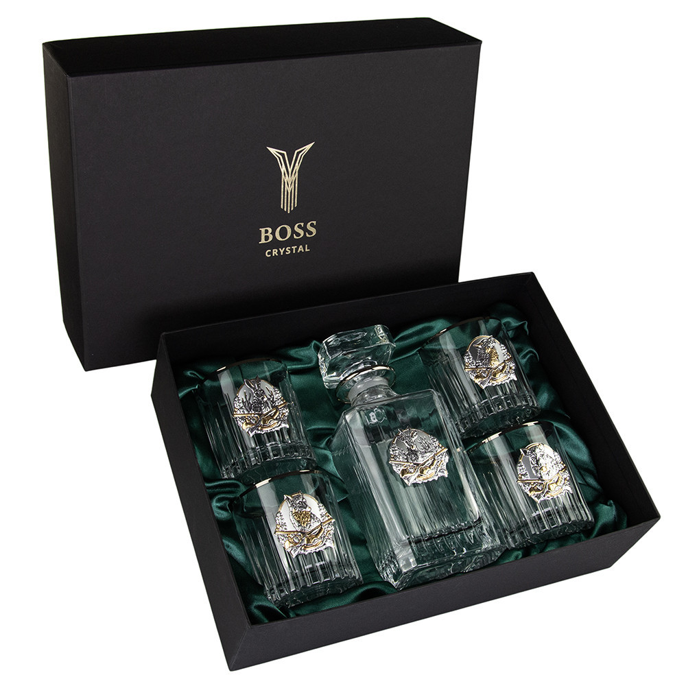 Набір для віскі «Мисливець» графин, 4 склянки кришталь, срібло, золото Рівне - фото 1