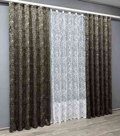 Комплект штор VR-Textil Жакард Fantasy 100х270 2шт і Тюль 300х270 1632ш-1783т Венге з білим 71-051/1 Київ