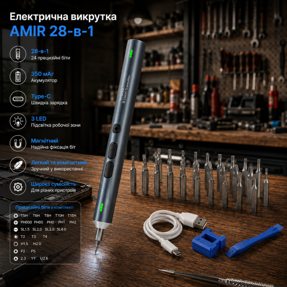 Электрическая отвертка AMIR 28-в-1, 24 прецизионные биты, 350 мАч, USB Type-C, 3 LED, магнитный набор для ремонта Киев