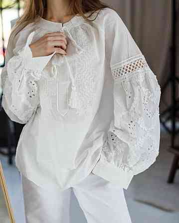 Женская праздничная белая вышиванка с завязками 80% хлопок, 20% полиэстер 48 Одесса