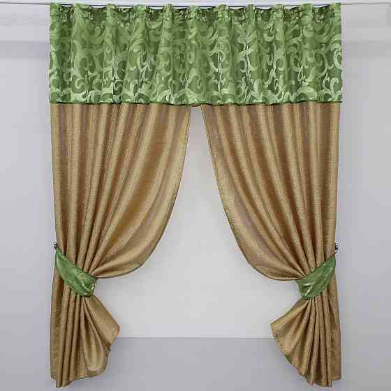 Кухонные шторы VR-Textil № 073к с ламбрекеном и подхватами золотистый с салатовым 275х170 см (52-0050) Киев