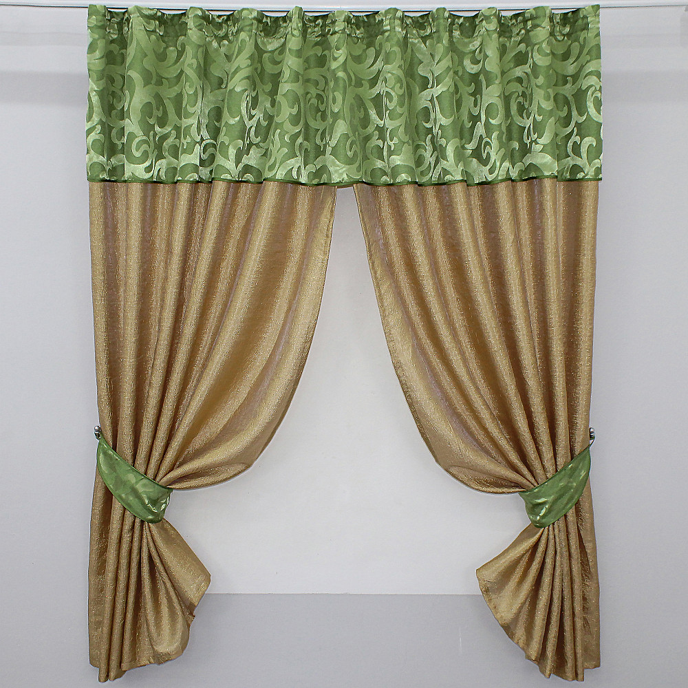 Кухонные шторы VR-Textil № 073к с ламбрекеном и подхватами золотистый с салатовым 275х170 см (52-0050) Киев - изображение 1