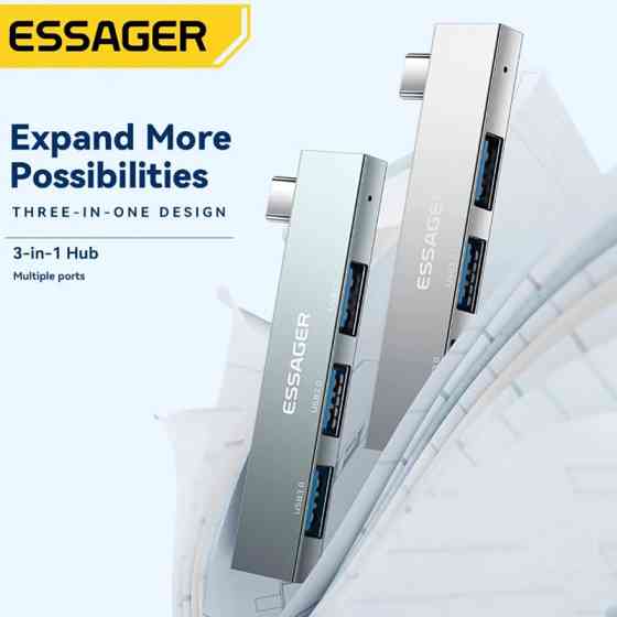 Хаб Essager EHBC03-FY0G-P Type-C 3в1 (Сірий) Николаев