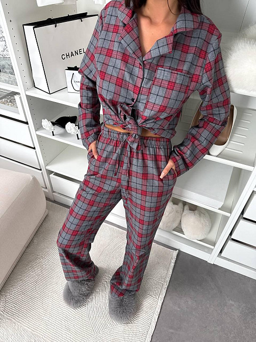 Женская домашняя повседневная в клетку пижама с фланели. Бордовый, 46/48 Одесса - изображение 9