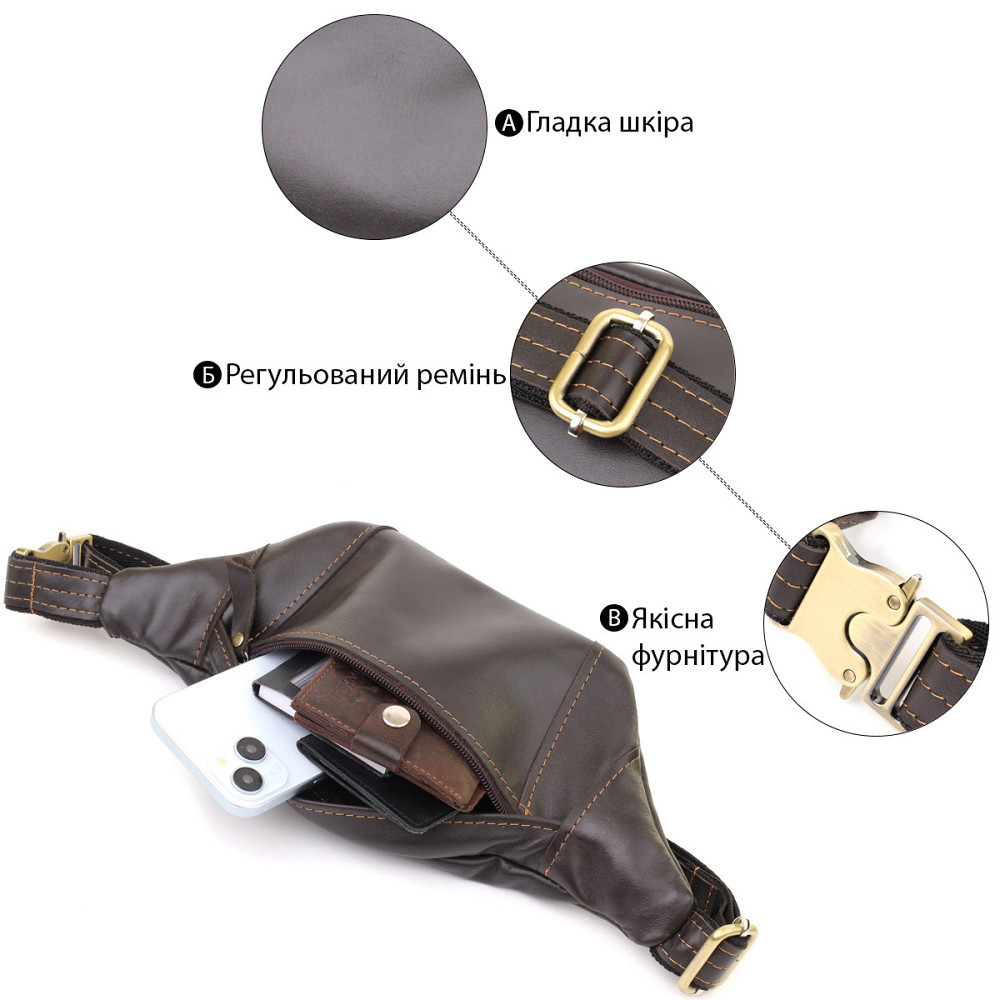 Мужская сумка-бананка компактного размера из натуральной гладкой кожи Shvigel 23126 Коричневый Киев - изображение 7