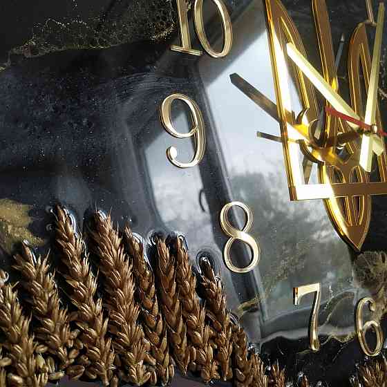 Настінний годинник з епоксидної смоли ручної роботи "Карта України" з колосками  та гербом 70х45 см Дніпро