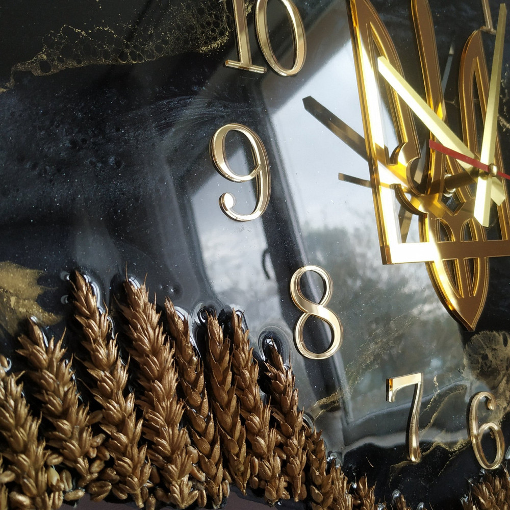 Настінний годинник з епоксидної смоли ручної роботи "Карта України" з колосками  та гербом 70х45 см Дніпро - фото 6